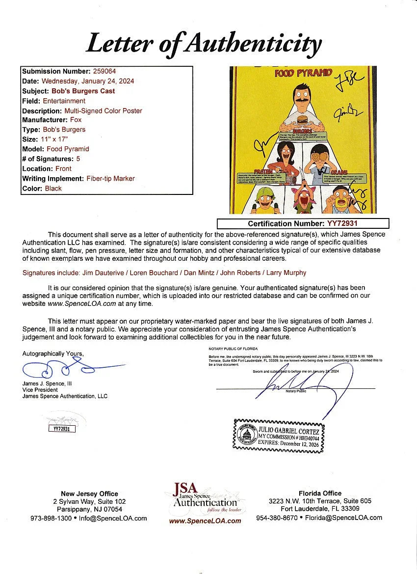 Bobs Burger’s cast autographed 2014 SDCC poster H. Jon Benjamin Dan Mintz John Roberts Larry Murphy JSA - AutographsForSale.com