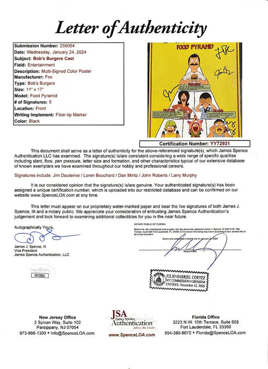 Bobs Burger’s cast autographed 2014 SDCC poster H. Jon Benjamin Dan Mintz John Roberts Larry Murphy JSA - AutographsForSale.com