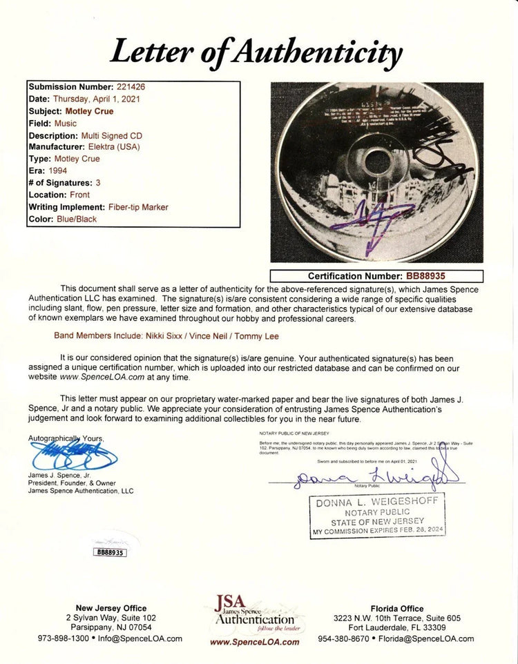 Tommy Lee Vince Neil Nikki Sixx autographed Motley Crue 1994 CD (JSA) - AutographsForSale.com