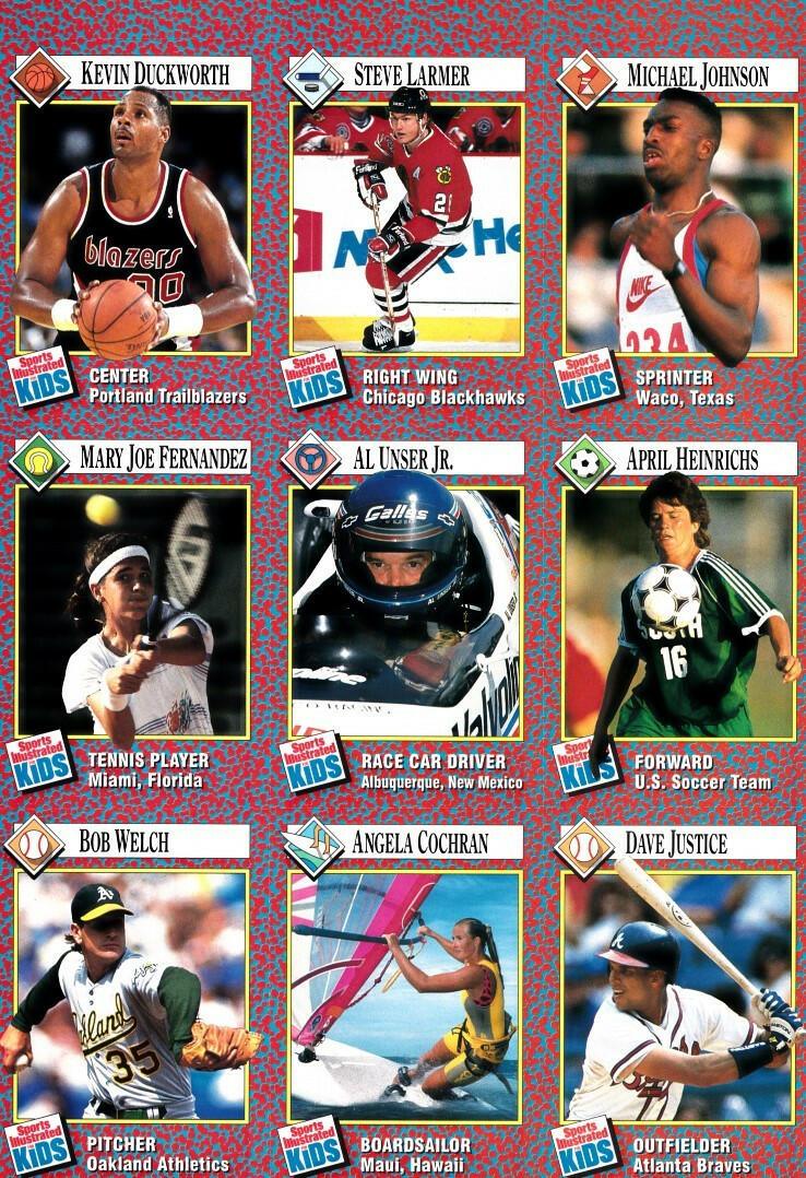 Michael Johnson Al Unser Jr Dave Justice Bob Welch 1991 SI for Kids card sheet - AutographsForSale.com