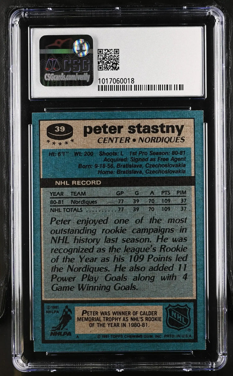 Peter Stastny 1981-82 Topps Rookie Card CSG 6.5 - AutographsForSale.com