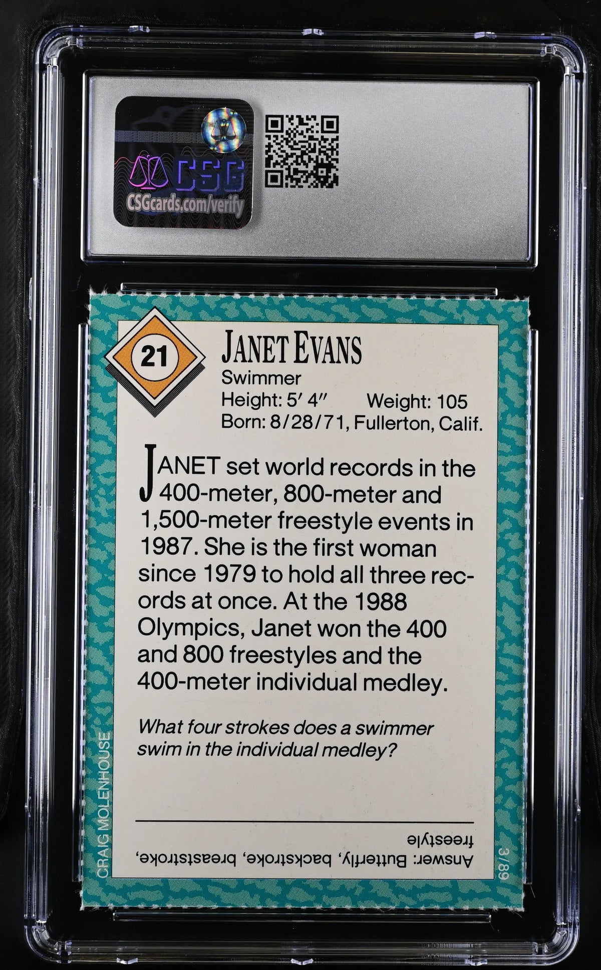 Janet Evans 1989 Sports Illustrated for Kids swimming Rookie Card CSG graded 9.5 MINT+ - AutographsForSale.com