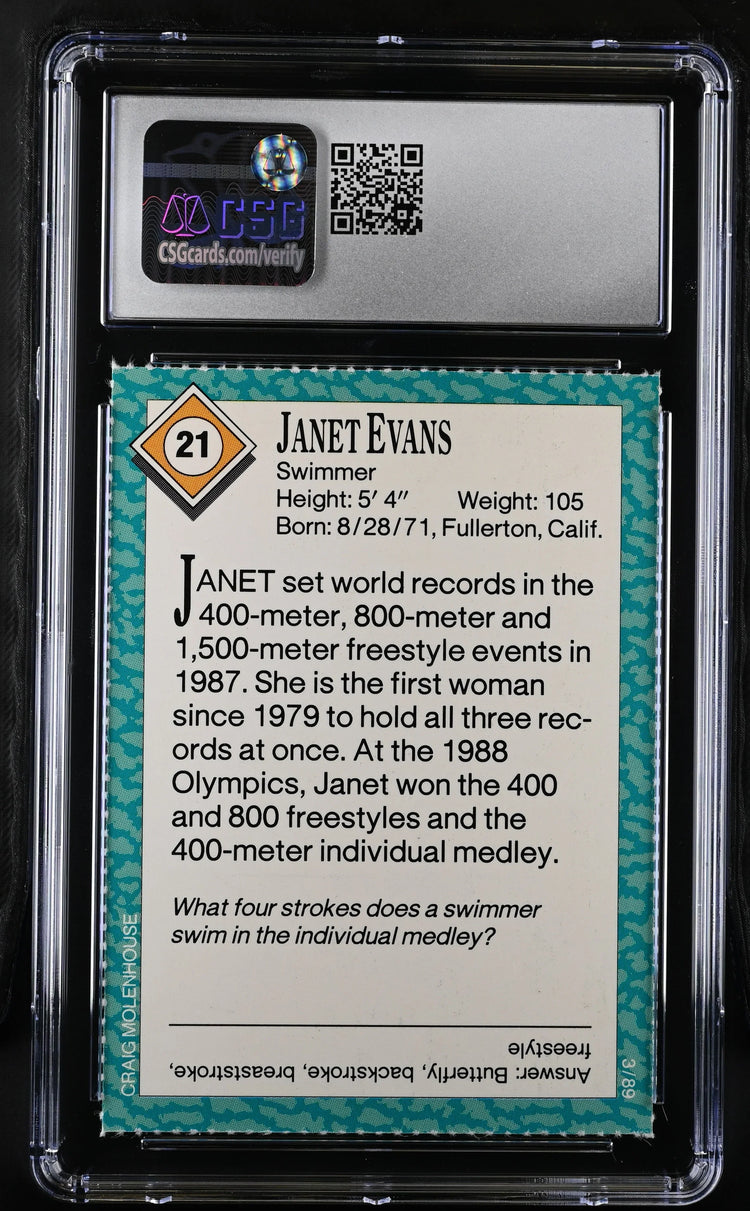 Janet Evans 1989 Sports Illustrated for Kids swimming Rookie Card CSG graded 9.5 MINT+ - AutographsForSale.com