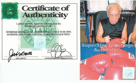 Jake LaMotta signed Everlast boxing glove with Raging Bull (Superstar Greetings) - AutographsForSale.com