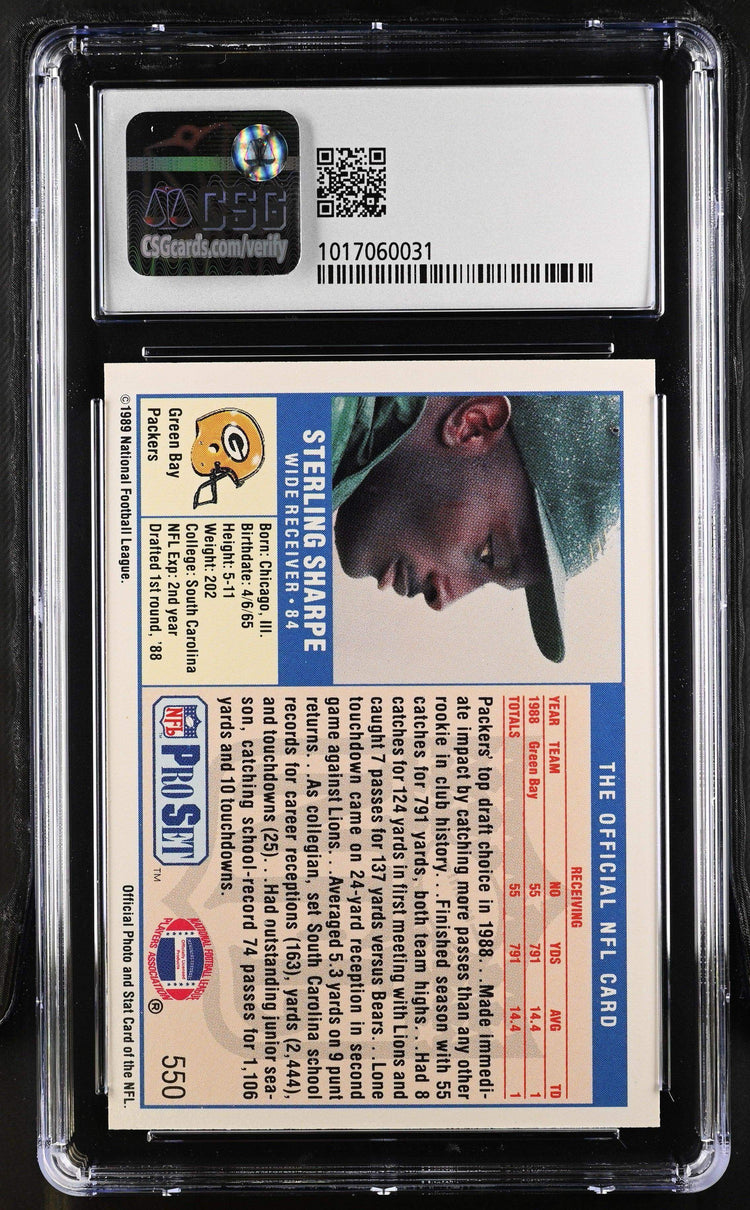 Sterling Sharpe Green Bay Packers 1989 Pro Set Rookie Card Graded CSG 8.5 - AutographsForSale.com