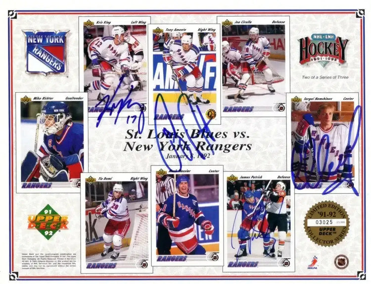 Tony Amonte Kris King Sergei Nemchinov James Patrick signed 1991-92 NY Rangers Upper Deck card sheet - AutographsForSale.com