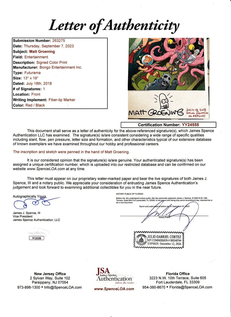 Matt Groening signed doodled dated Futurama 2018 SDCC 13x19 litho JSA - AutographsForSale.com