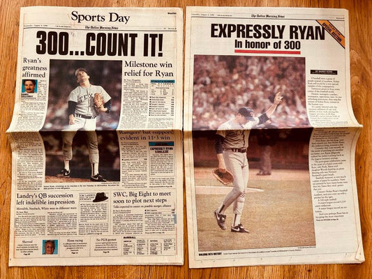 Nolan Ryan Texas Rangers 300th Win August 1990 Dallas Morning News newspaper - AutographsForSale.com