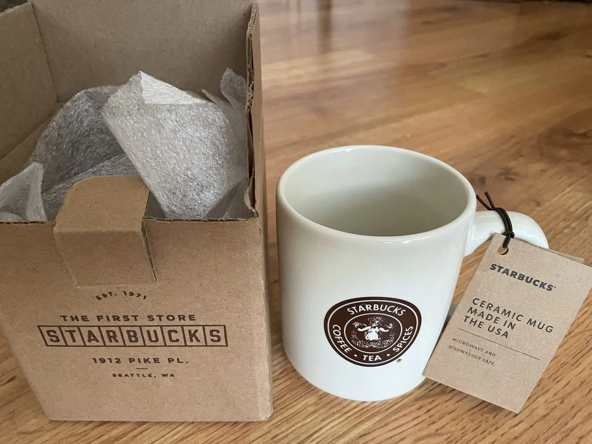 Starbucks First Store Pike Place Seattle white 14 oz coffee mug NEW - AutographsForSale.com