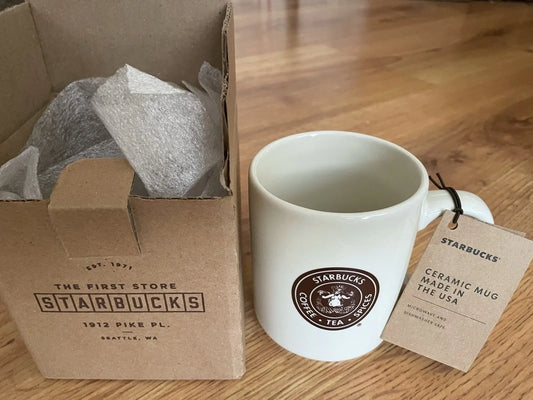 Starbucks First Store Pike Place Seattle white 14 oz coffee mug NEW - AutographsForSale.com