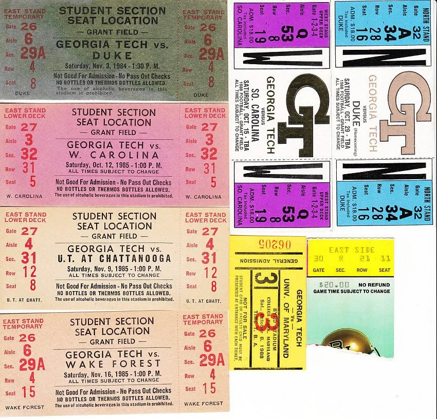 Georgia Tech Yellow Jackets 8 vintage football ticket stubs - AutographsForSale.com