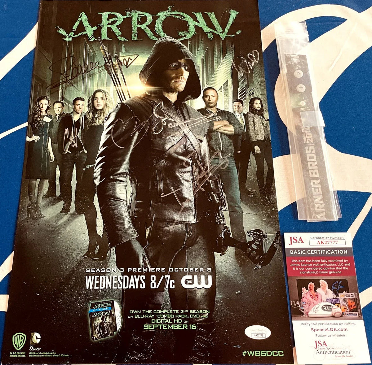 Arrow Cast autographed 2014 Comic-Con poster Stephen Amell David Ramsey Paul Blackthorne Willa Holland JSA - AutographsForSale.com
