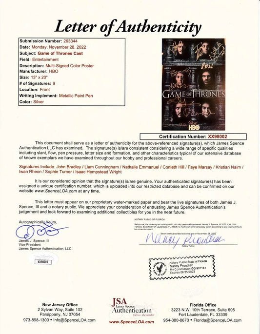 Game of Thrones cast signed 2016 SDCC poster Sophie Turner John Bradley JSA - AutographsForSale.com