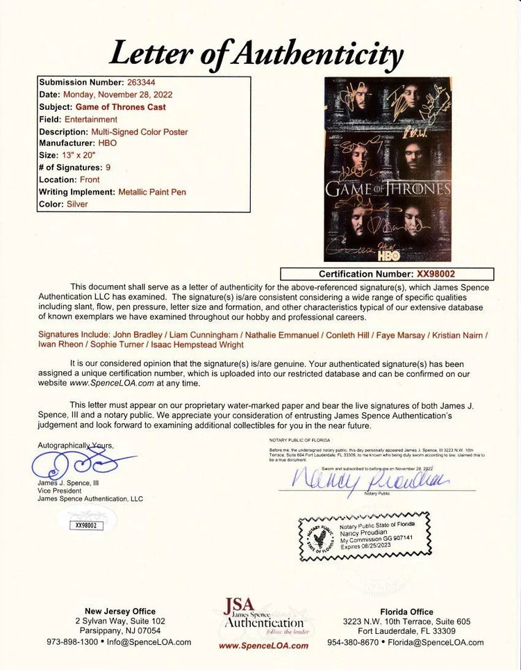 Game of Thrones cast signed 2016 SDCC poster Sophie Turner John Bradley JSA - AutographsForSale.com