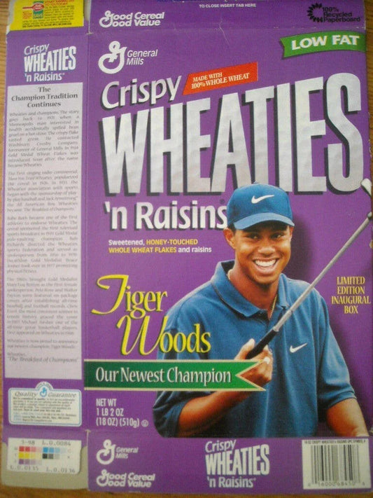 Tiger Woods 1997 commemorative Crispy Wheaties 'n Raisins cereal box - AutographsForSale.com