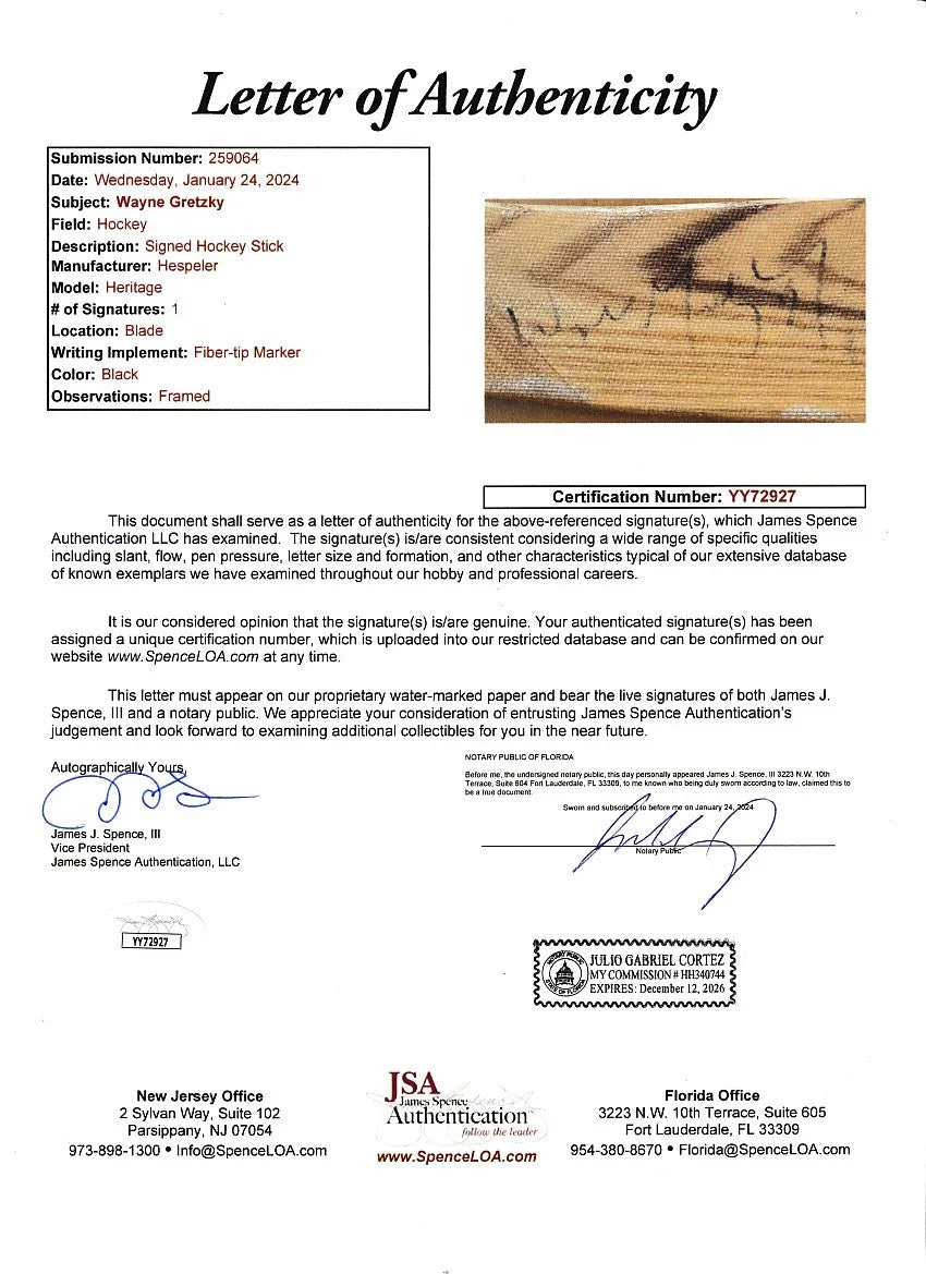 Wayne Gretzky autographed New York Rangers Hespeler game model stick framed JSA - AutographsForSale.com