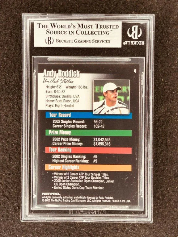 Andy Roddick 2003 NetPro Tennis Rookie Card 4 BGS grade 9 MT - AutographsForSale.com