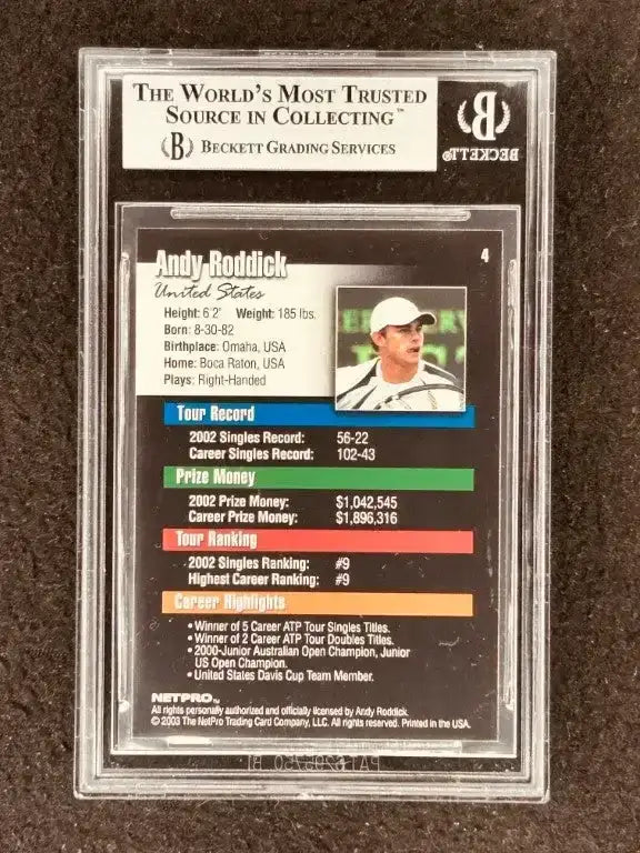 Andy Roddick 2003 NetPro Tennis Rookie Card 4 BGS grade 9 MT - AutographsForSale.com
