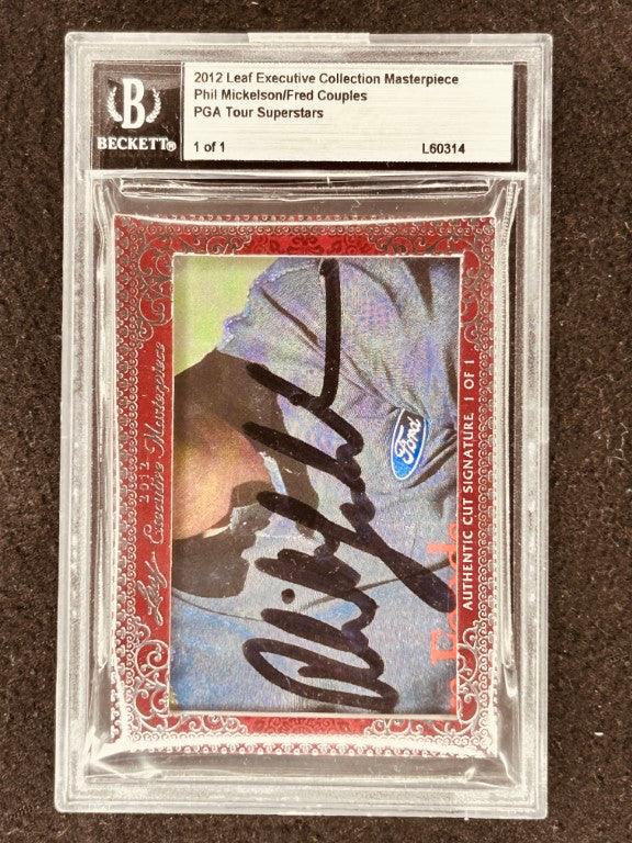 Phil Mickelson & Fred Couples 2012 Leaf Masterpiece Cut Signature certified signed card 1/1 JSA Masters - AutographsForSale.com