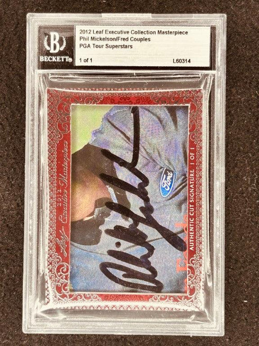 Phil Mickelson & Fred Couples 2012 Leaf Masterpiece Cut Signature certified signed card 1/1 JSA Masters - AutographsForSale.com