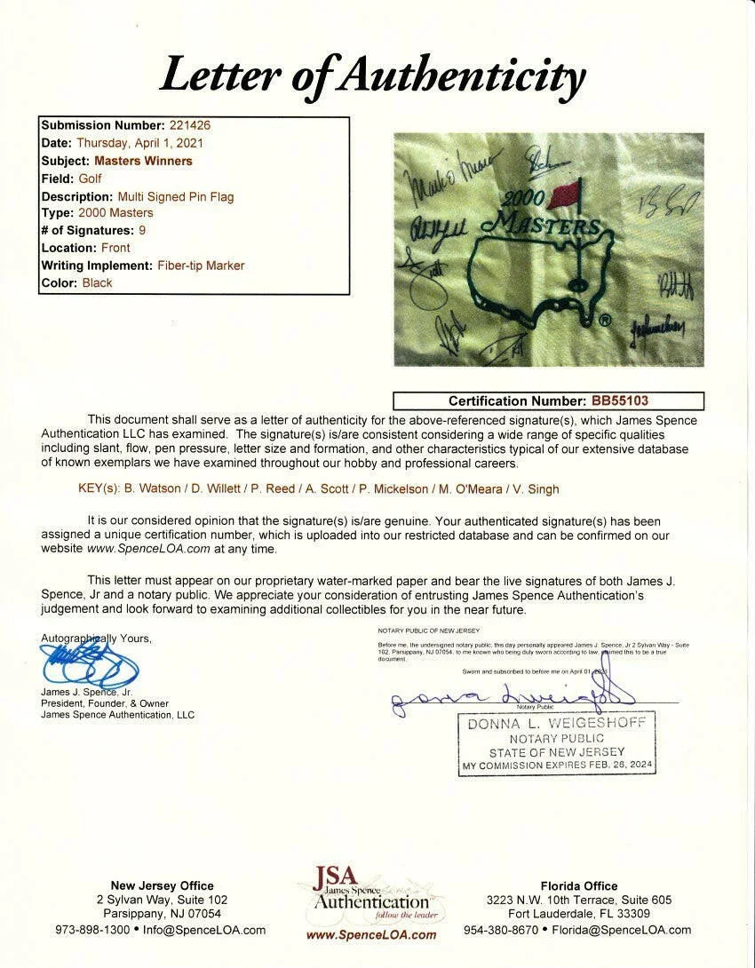 2000 Masters flag signed by 9 winners Phil Mickelson Adam Scott Bubba Watson JSA - AutographsForSale.com