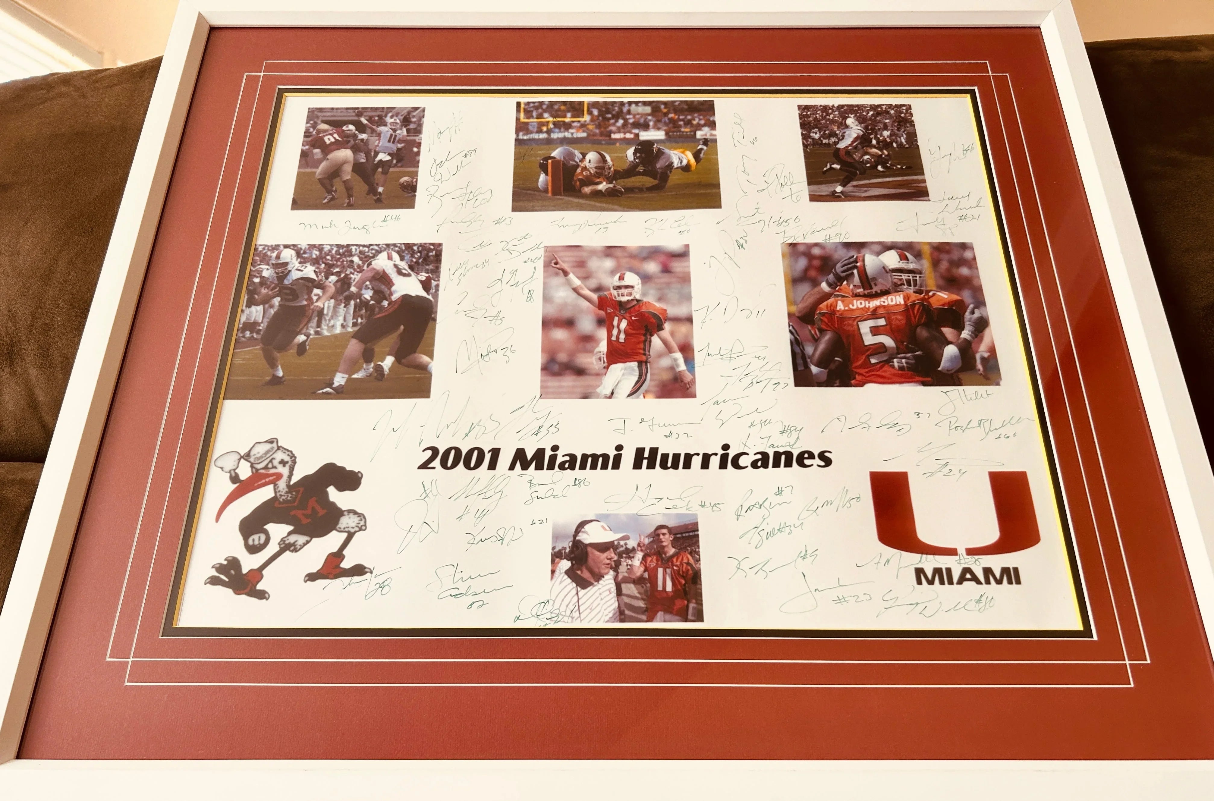 2001 Miami Hurricanes National Champs team signed 16x20 photo framed Ken Dorsey Frank Gore Andre Johnson Clinton Portis JSA - AutographsForSale.com