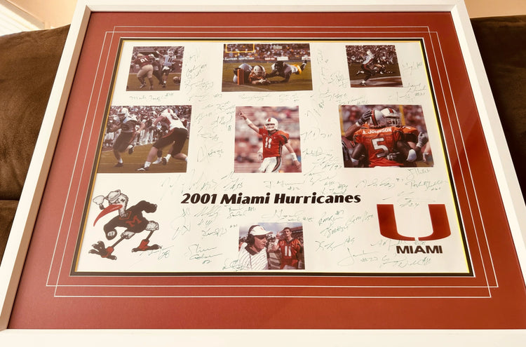 2001 Miami Hurricanes National Champs team signed 16x20 photo framed Ken Dorsey Frank Gore Andre Johnson Clinton Portis JSA - AutographsForSale.com