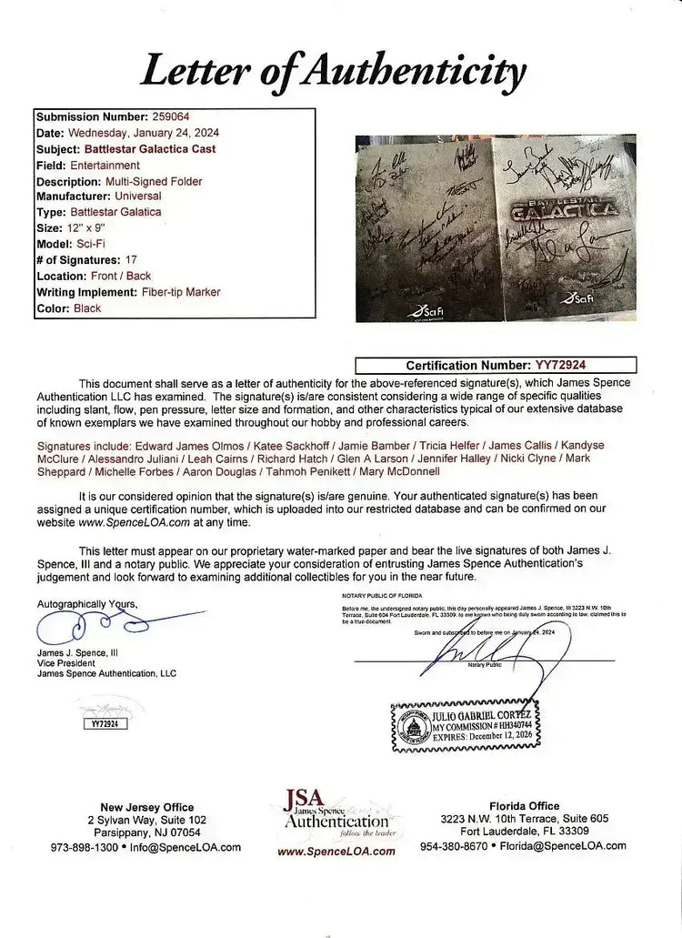 Battlestar Galactica FULL CAST & Glen Larson signed folder framed JSA - AutographsForSale.com