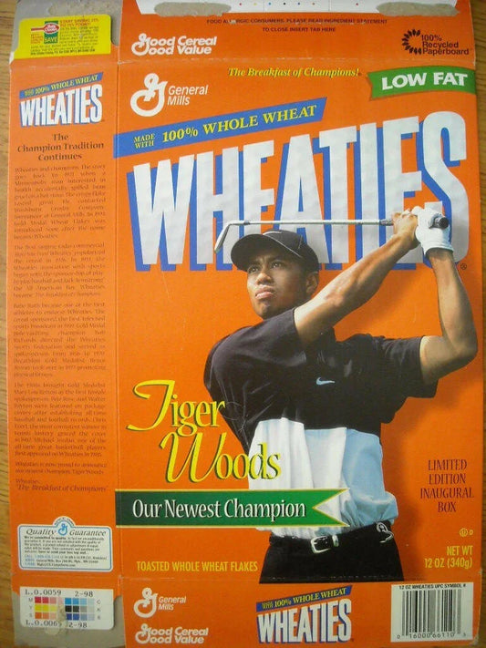 Tiger Woods 1997 commemorative Wheaties cereal box (Our Newest Champion) - AutographsForSale.com