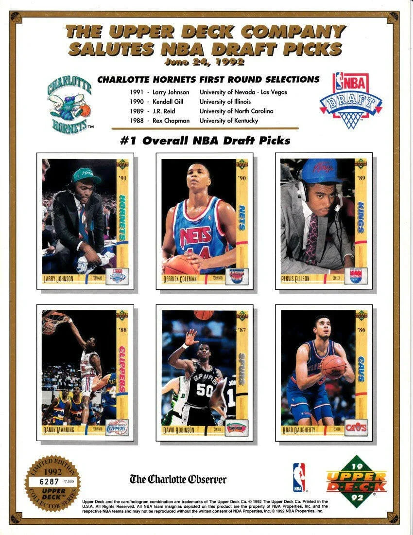 1992 Upper Deck NBA Draft Charlotte Hornets card sheet David Robinson 7000 - AutographsForSale.com