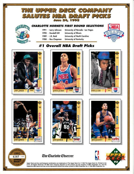 1992 Upper Deck NBA Draft Charlotte Hornets card sheet David Robinson 7000 - AutographsForSale.com