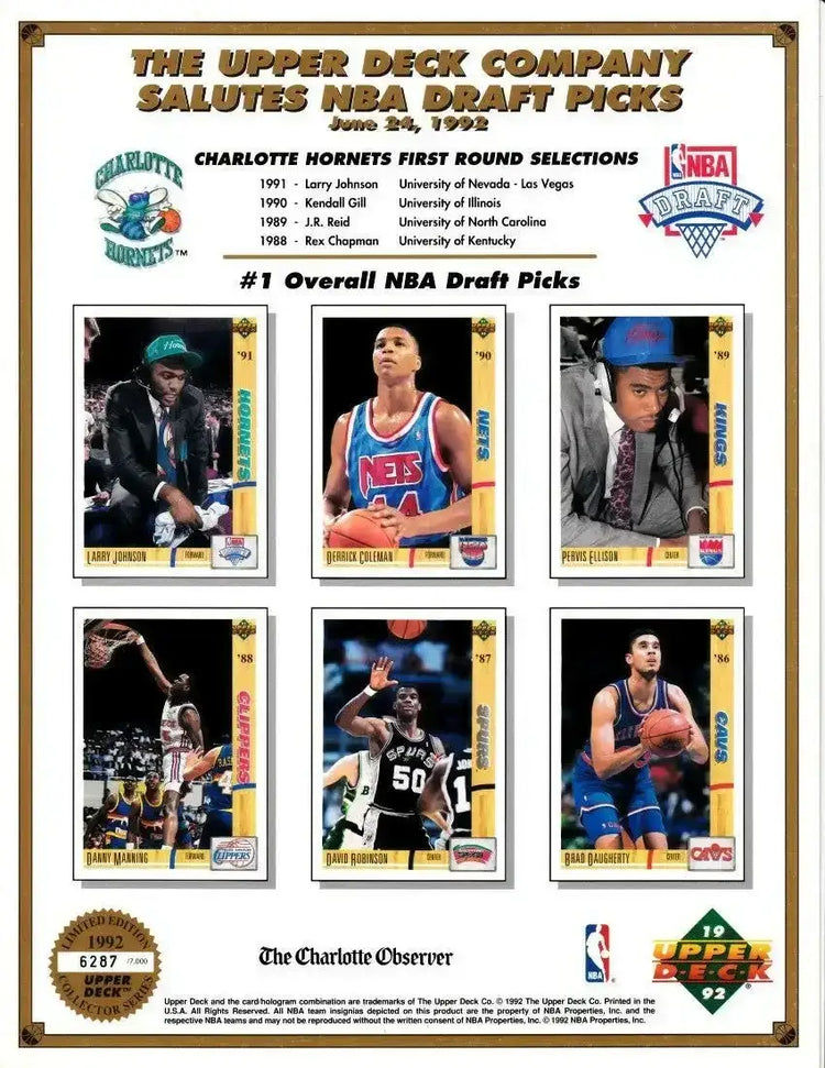 1992 Upper Deck NBA Draft Charlotte Hornets card sheet David Robinson 7000 - AutographsForSale.com