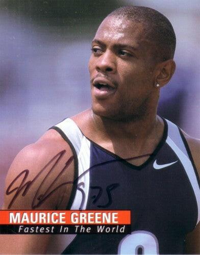 Maurice Greene autographed Fastest In The World 4x5 photo card - AutographsForSale.com
