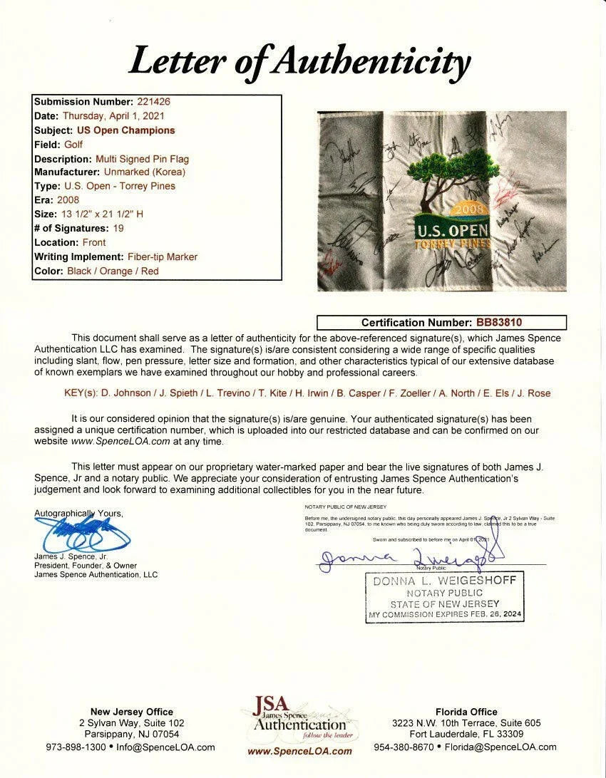 2008 US Open golf flag signed by 19 winners Dustin Johnson Jordan Spieth Lee Trevino JSA - AutographsForSale.com