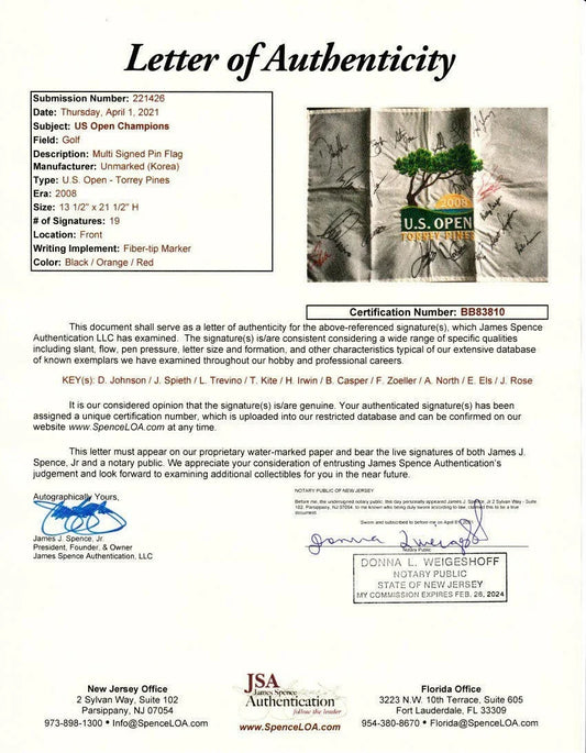 2008 US Open golf pin flag autographed by 19 winners Dustin Johnson Jordan Spieth Lee Trevino JSA - AutographsForSale.com