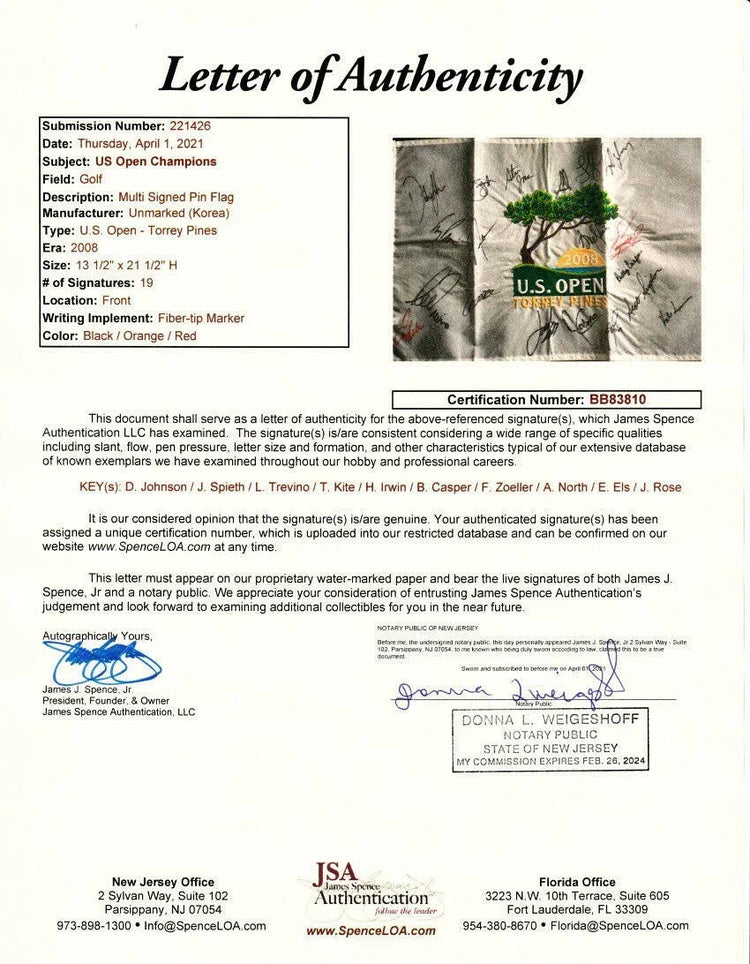 2008 US Open golf flag signed by 19 winners Dustin Johnson Jordan Spieth Lee Trevino JSA - AutographsForSale.com