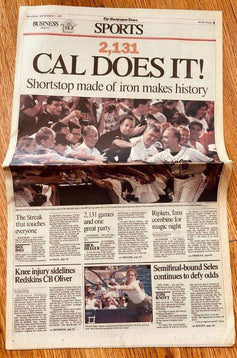 Cal Ripken Orioles 2130 & 2131 Consecutive Games 1995 Washington Times newspapers - AutographsForSale.com