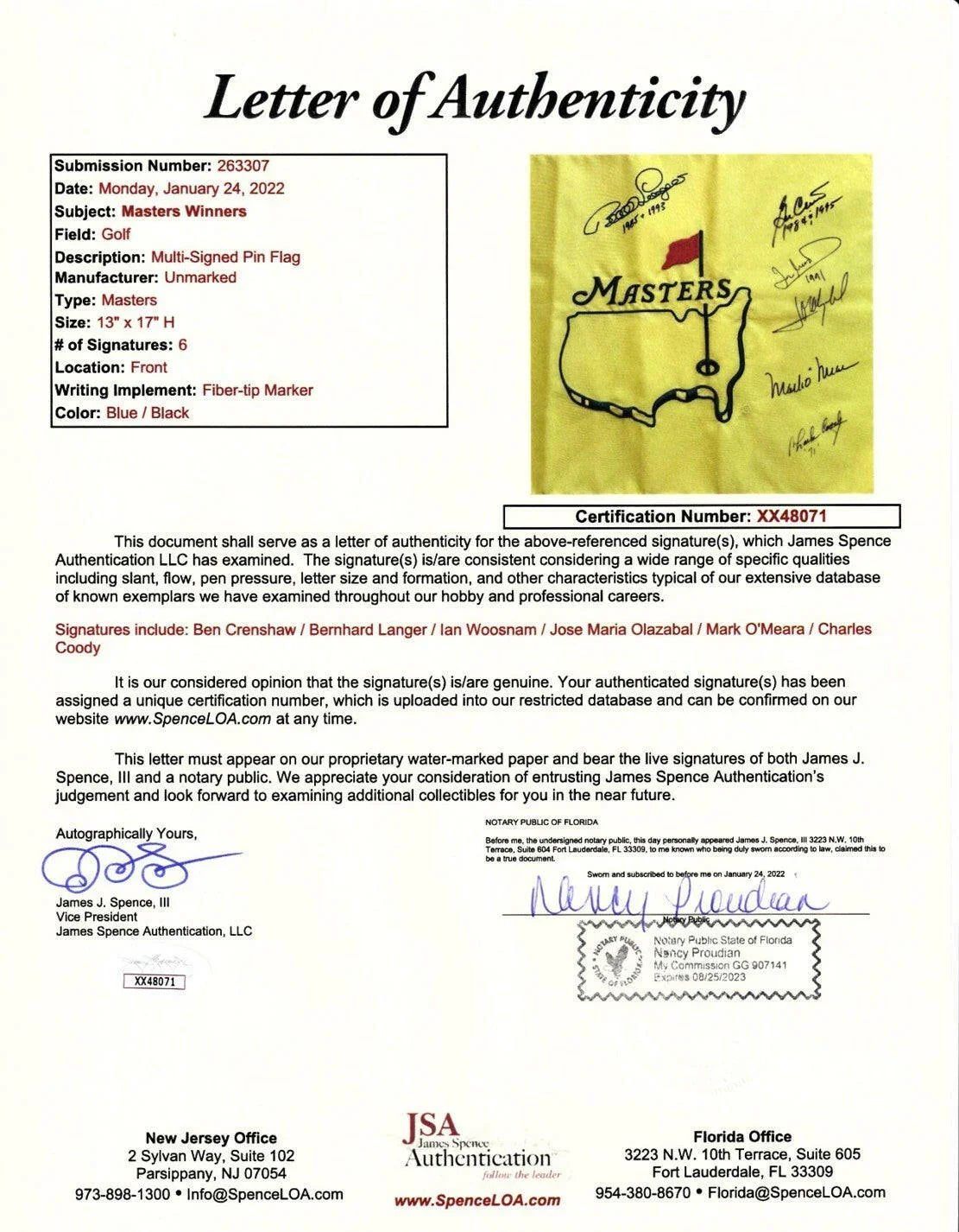 6 winners signed Masters Flag JSA Charles Coody Ben Crenshaw Bernhard Langer Ian Woosnam - AutographsForSale.com