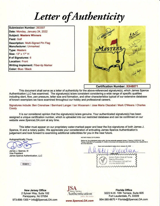 Charles Coody Ben Crenshaw Bernhard Langer Jose Maria Olazabal Mark O'Meara Ian Woosnam autographed Masters flag JSA - AutographsForSale.com