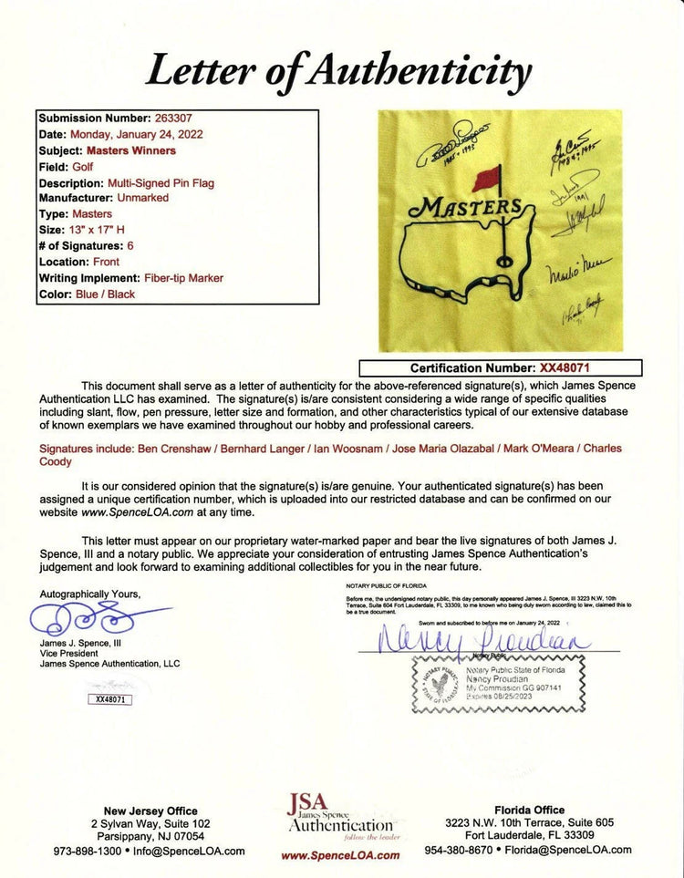 6 winners signed Masters Flag JSA Charles Coody Ben Crenshaw Bernhard Langer Ian Woosnam - AutographsForSale.com