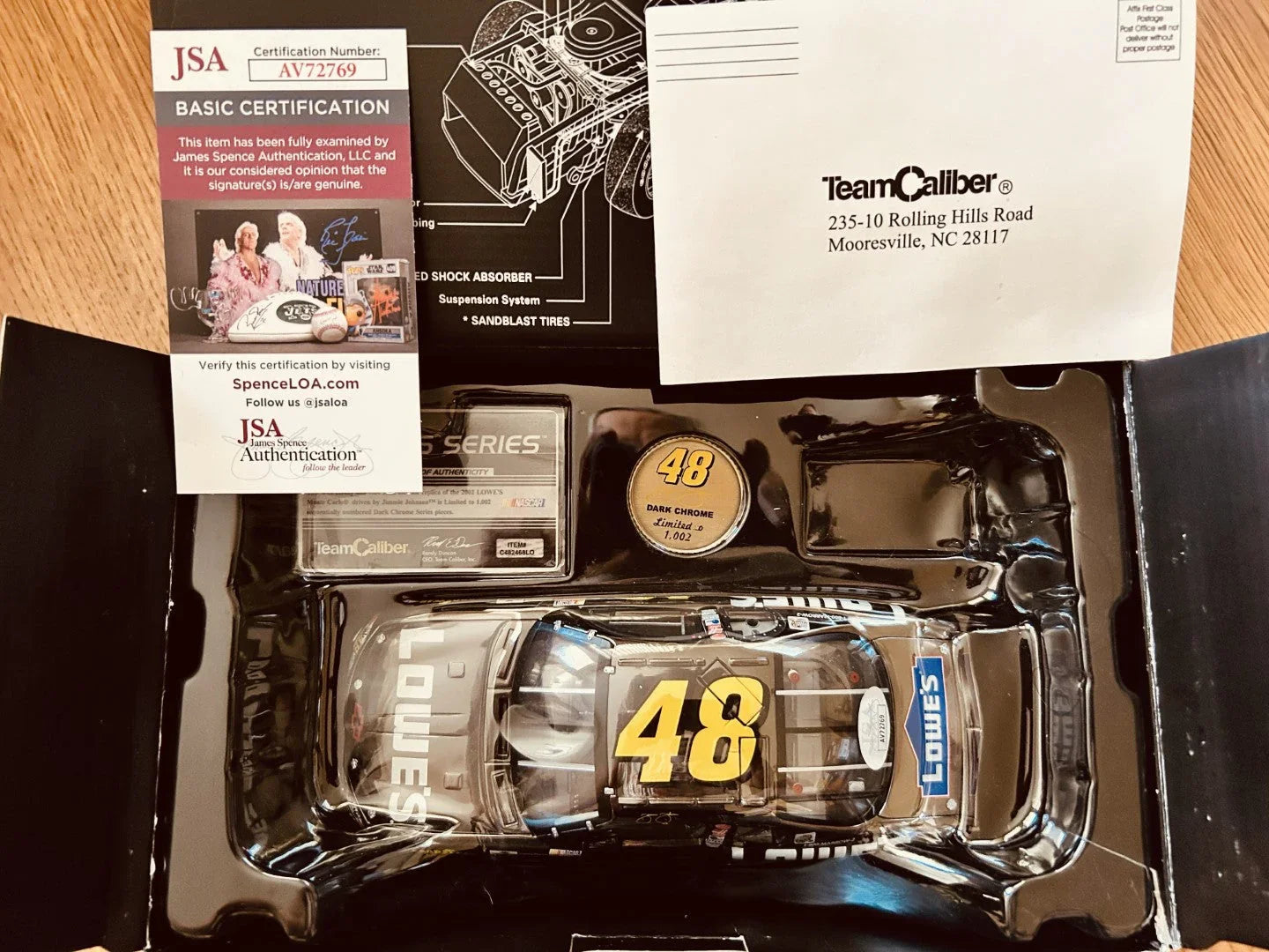 Jimmie Johnson signed 2002 Lowe’s 1:24 team Caliber Dark Chrome diecast car JSA - AutographsForSale.com
