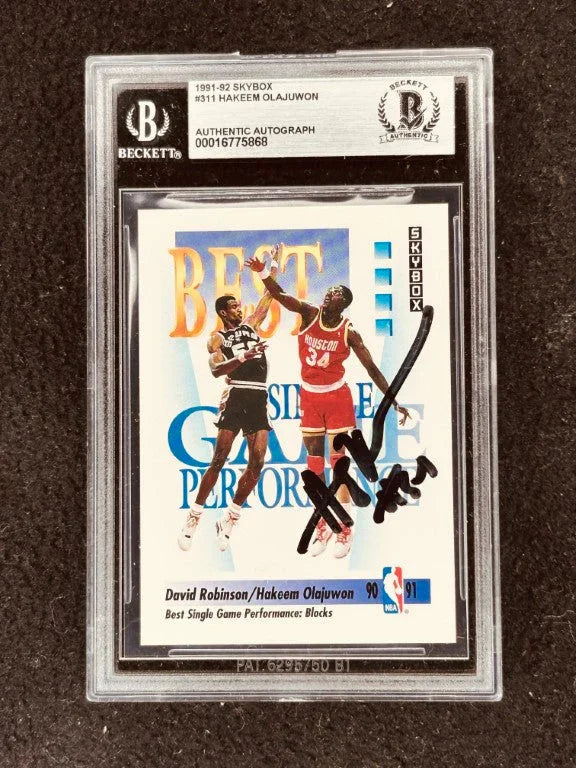 Hakeem Olajuwon signed Rockets 1991-92 SkyBox card BAS certified - AutographsForSale.com