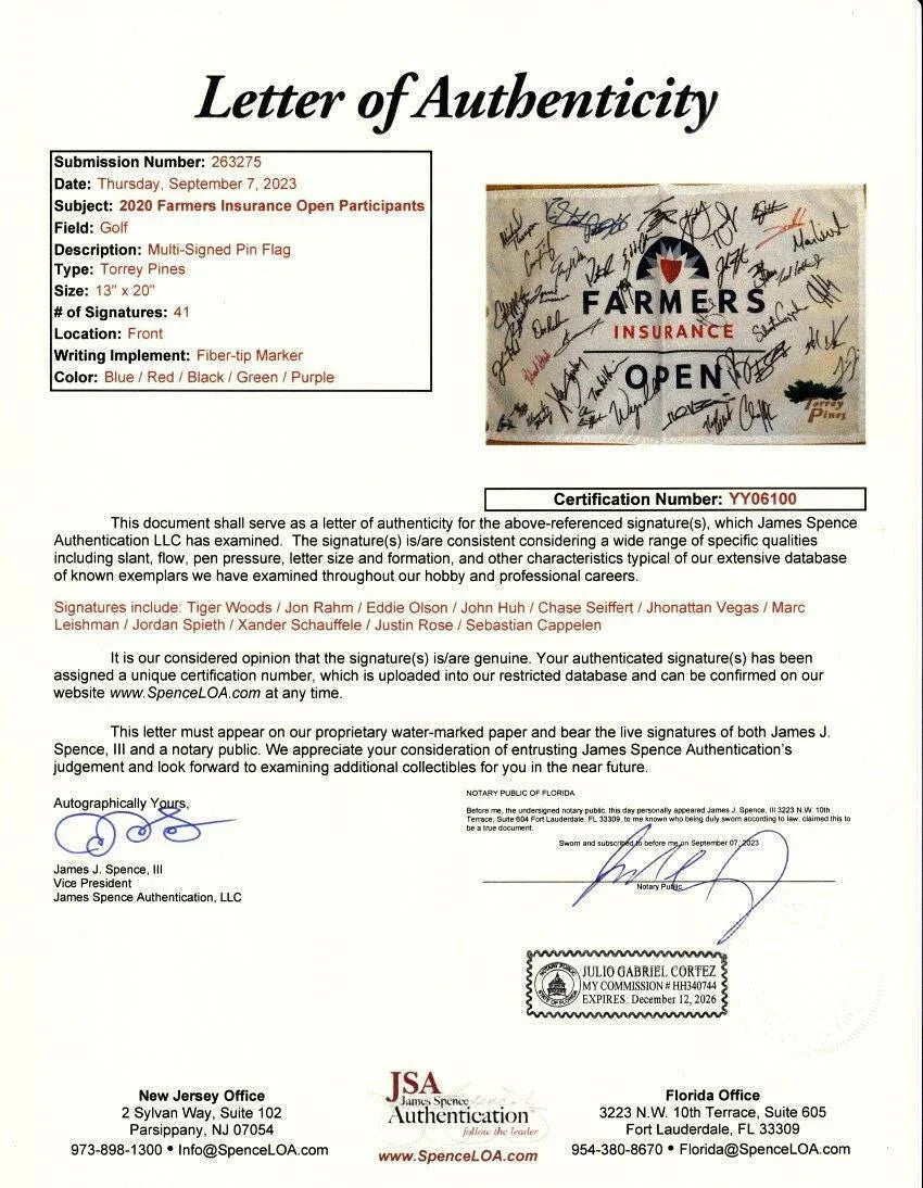 2020 Farmers Insurance Open signed flag Tiger Woods Collin Morikawa Rahm Spieth JSA - AutographsForSale.com