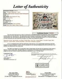 2020 Farmers Insurance Open signed flag Tiger Woods Collin Morikawa Rahm Spieth JSA - AutographsForSale.com