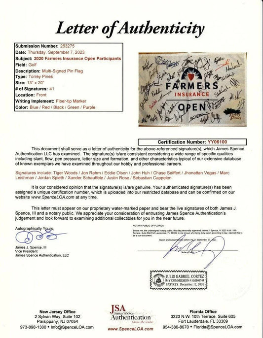 2020 Farmers Insurance Open signed flag Tiger Woods Collin Morikawa Rahm Spieth JSA - AutographsForSale.com
