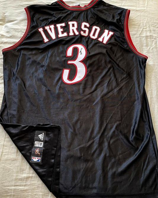 Allen Iverson signed Philadelphia 76ers Adidas black game model jersey JSA - AutographsForSale.com