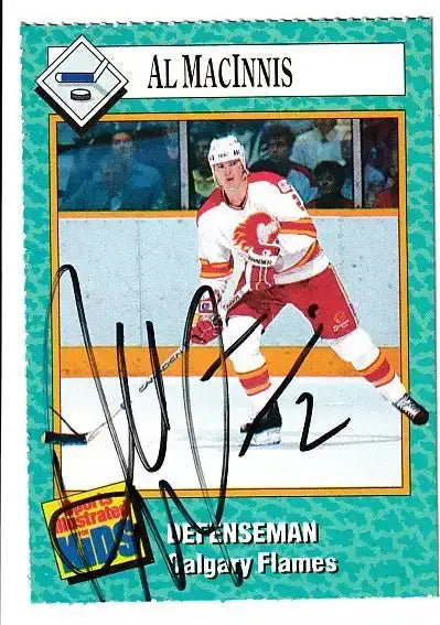 Al MacInnis autographed SI for Kids card - defenseman for the Calgary Flames, signed in black Sharpie