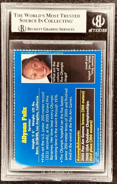 Allyson Felix trading card, Beckett graded, Olympic sprinter, Pan Am Games bronze, 2003 achievements