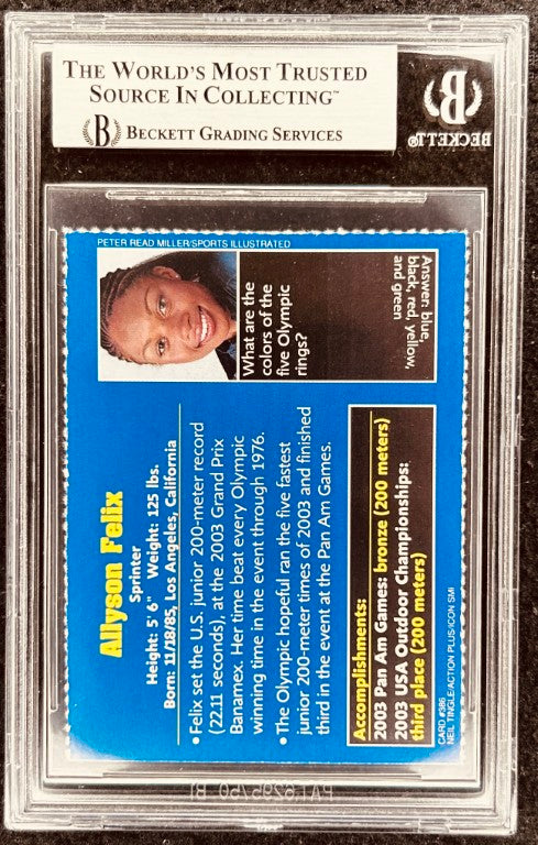 Allyson Felix trading card, Beckett graded, Olympic sprinter, Pan Am Games bronze, 2003 achievements