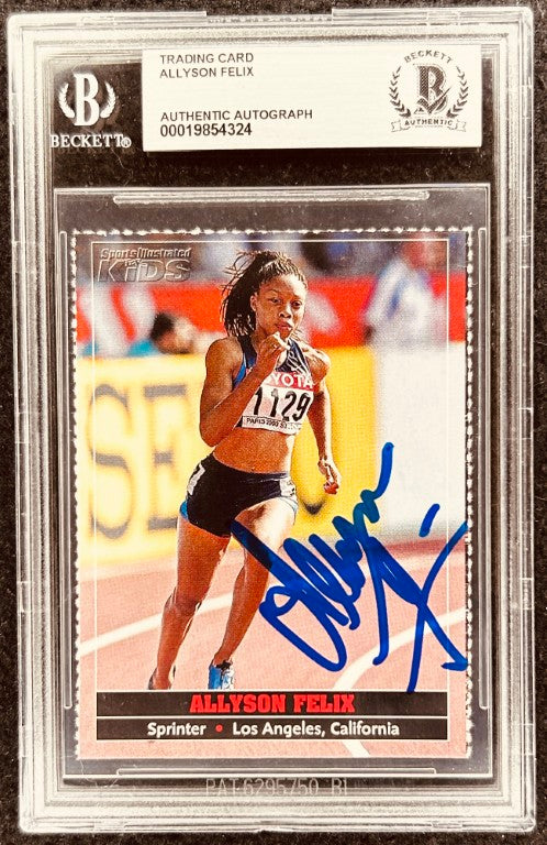 Allyson Felix signed trading card, sprinter, Los Angeles, authentic autograph, Beckett graded